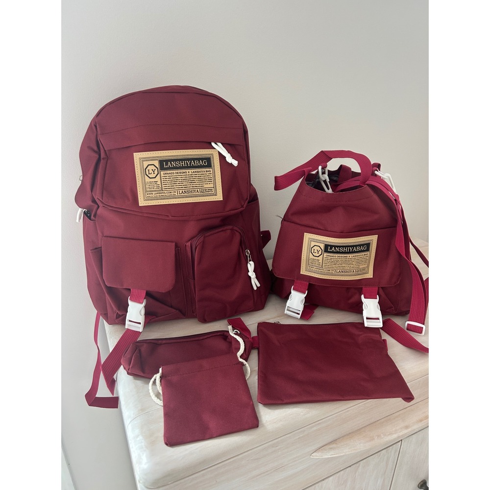 Lanshiyabag 5pc Backpack Set Maroon Burgundy School Travel Messenger Bag Pouch